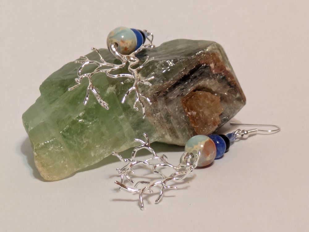 Natural stone and glass beaded metal root earring