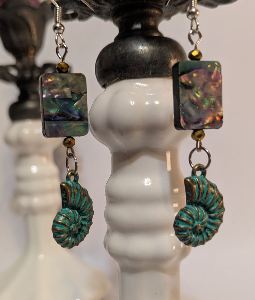 Nautilus earrings with abalone and glass bead accents